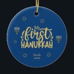 Décoration En Céramique My First Hanukkah Blue, Star, Menorah<br><div class="desc">Celebrate the joy of the first Hanukkah with a special, personalized photo of your newborn! This unique design features elegant colors of blue and golden with Stars of David, a menorah, and typography. Easily change the text by clicking on the "personalize this template" option. Check out this collection for matching...</div>