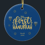Décoration En Céramique My First Hanukkah Blue, Star, Menorah<br><div class="desc">Celebrate the joy of the first Hanukkah with a special, personalized photo of your newborn! This unique design features elegant colors of blue and golden with Stars of David, a menorah, and typography. Easily change the text by clicking on the "personalize this template" option. Check out this collection for matching...</div>