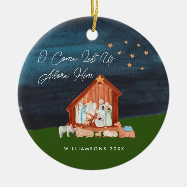 Décoration En Céramique Nativité Aquarelle Adore-Lui Écriture Religieux (Devant)