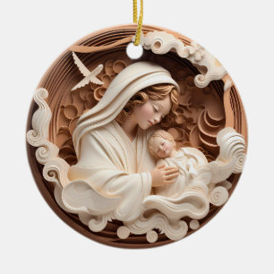 Décoration En Céramique Nativité Marie et Bébé Jésus 3d Look en bois