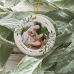 Décoration En Céramique Naturellement Joyeux | Photo personnalisée botaniq<br><div class="desc">Cette saison des Fêtes,  commémorez une année spéciale avec cet élégant ornement de Noël photo personnalisée. Des sprigs gracieux d'aquarelle peinte en vert muet encadrent votre photo,  avec votre nom et l'année qui tourne autour. Ajoutez une deuxième photo au verso.</div>