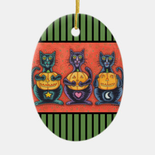 DÉCORATION EN CÉRAMIQUE NE VOYEZ AUCUN MAL CHATS NOIRS, HALLOWEEN VACANCES