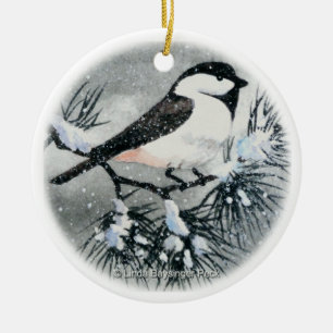 Décoration En Céramique Neige d'oiseau de Chickadee couverte par noir