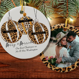 Décoration En Céramique Newlywed Photo Leopard Print First Christmas