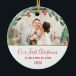 Décoration En Céramique Newlyweds first christmas<br><div class="desc">Winter wreath with foliage and red berries. The images can be personalized and edited for size,  placement and the text and colors.</div>