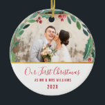 Décoration En Céramique Newlyweds first christmas<br><div class="desc">Winter wreath with foliage and red berries. The images can be personalized and edited for size,  placement and the text and colors.</div>