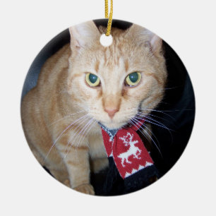 Décoration En Céramique Noël 2025 Chat orange portant l'ornement de l'écha