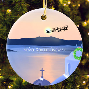 Décoration En Céramique Noël à Santorin, Grèce avec le Père Noël
