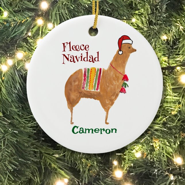 Décoration En Céramique Noël Alpaca Fleece Navidad Cute Keepsaké (This hand-illustrated Christmas ornament features an alpaca in a Santa hat. Personalize the reverse!)