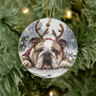 Décoration En Céramique Noël anglais Bulldog Reindeer