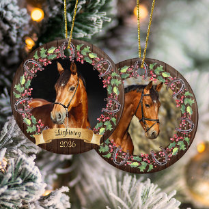 Décoration En Céramique Noël Cheval 2 Photo Personnalisé Rustique