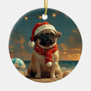 Décoration En Céramique Noël Chien Carlin Plage Vintage