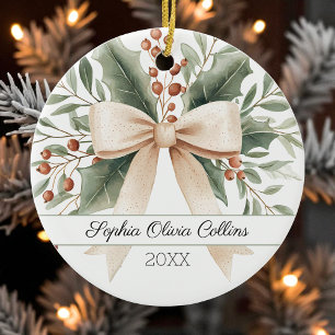 Décoration En Céramique Noël de bébé rustique 1ère aquarelle beige noeud