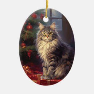 Décoration En Céramique Noël du chat Maine Coon
