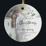 Décoration En Céramique Noël du premier marié Script Nom de la photo Année<br><div class="desc">Premier Marié Script de Noël Nom de la photo Année. Un souvenir romantique pour célébrer le temps spécial de votre premier Noël comme M. et Mme et memento dans les fêtes à venir. La typographie pour Noël et M. et Mme est dans un ensemble de script moderne et le reste...</div>