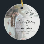 Décoration En Céramique Noël du premier marié Script Nom de la photo Année<br><div class="desc">Premier Marié Script de Noël Nom de la photo Année. Un souvenir romantique pour célébrer le temps spécial de votre premier Noël comme M. et Mme et memento dans les fêtes à venir. La typographie pour Noël et M. et Mme est dans un ensemble de script moderne et le reste...</div>