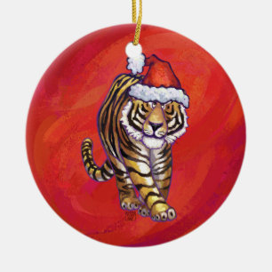 Décoration En Céramique Noël du tigre en rouge