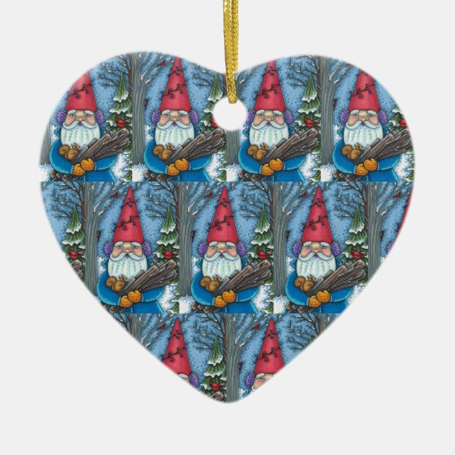 DÉCORATION EN CÉRAMIQUE NOËL GNOME, SQUIRREL, WOODPECKER & CARDINAL (Devant)