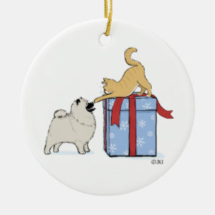 Décoration En Céramique Noël mignon de chiot et de chaton de Keeshond