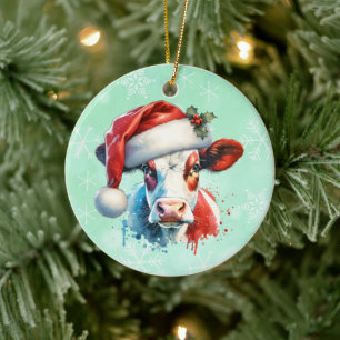 Décoration En Céramique Noël Moo-ey   Vache à Santa Hat