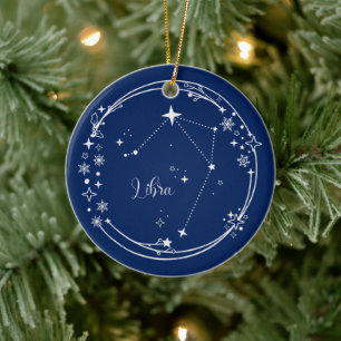 Décoration En Céramique Noël Nom personnalisé Libra Zodiac Blue Silver