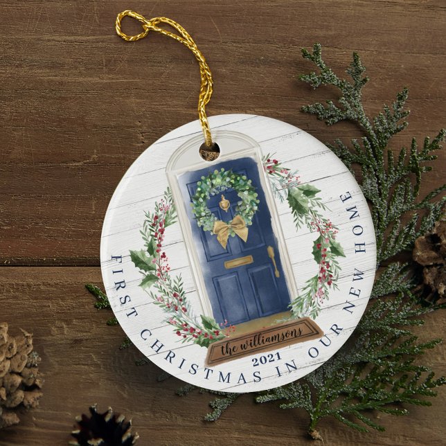 Décoration En Céramique Noël Nouveau Accueil Marine Bleu Aquarelle Photo (Christmas New Home Navy Blue Watercolor Door Photo Ceramic Ornament)