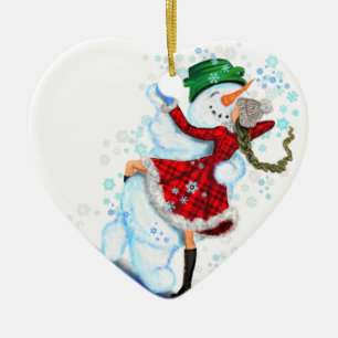 Décoration En Céramique Noël Ornament Snowman et Fille Danse