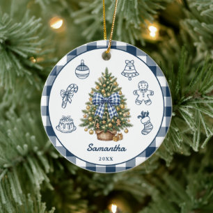 Décoration En Céramique Noël personnalisé avec un nœud en vichy bleu marin