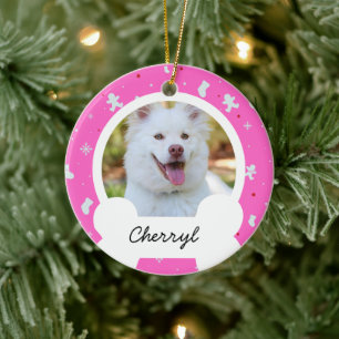 Décoration En Céramique Noël rose Photo de chien personnalisée