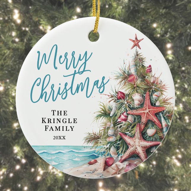 Décoration En Céramique Noël sur une plage tropicale (Tropical Beach Christmas Ceramic Ornament)