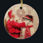Décoration En Céramique Noël vintage du Père Noël Snowman<br><div class="desc">Ce design présente un jovial père Noël et un bonhomme de neige dans la neige. #noël #père Noël #mignon #décoration</div>