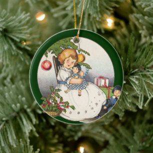 Décoration En Céramique Noël vintage, fille heureuse jouant avec des poupé