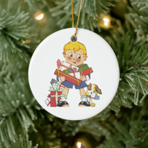 Décoration En Céramique Noël vintage, garçon avec cadeaux et chiot
