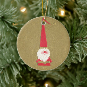 Décoration En Céramique Noël vintage, joli gnome Père Noël sur fond doré
