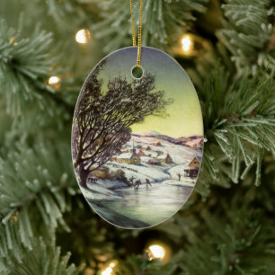 Décoration En Céramique Noël vintage, lac gelé avec patineurs