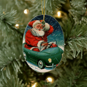 Décoration En Céramique Noël vintage, le Père Noël dans une jolie voiture