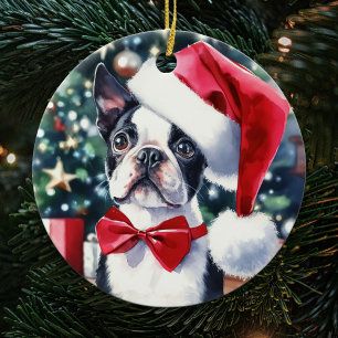 Décoration En Céramique Noël Watercolor de Boston Terrier