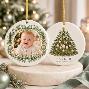 Décoration En Céramique Nœud Vert Sauge Premier Noël Bébé Photo