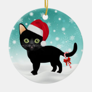 Décoration En Céramique Noir adorable Kitty de casquette de Père Noël en