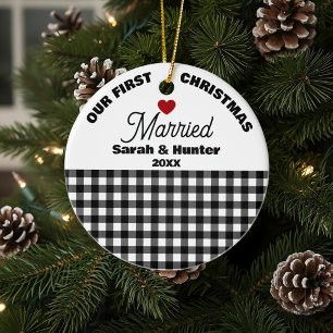 Décoration En Céramique Noir & Blanc Plaid Notre premier Noël Marié