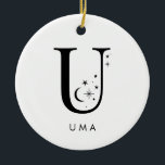 Décoration En Céramique Nom céleste du monogramme U<br><div class="desc">Ajoutez une touche de magie céleste à votre décor de vacances avec ce magnifique monogramme ornement de Noël! Doté d'une lettre ornée de petites étoiles et de lunes et de votre choix de nom en dessous, cet ornement personnalisé est l'endroit idéal pour la saison. Il peut contenir jusqu'à 10 caractères...</div>