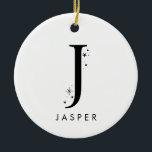 Décoration En Céramique Nom céleste Monogram J<br><div class="desc">Ajoutez une touche de magie céleste à votre décor de vacances avec ce magnifique monogramme ornement de Noël! Doté d'une lettre ornée de petites étoiles et de lunes et de votre choix de nom en dessous, cet ornement personnalisé est l'endroit idéal pour la saison. Il peut contenir jusqu'à 10 caractères...</div>