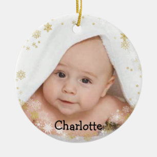 Décoration En Céramique Nom customisé et photo Snowflake rond