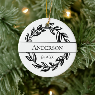 Décoration En Céramique Nom de famille Monogramme Feuille Couronne Noël