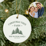 Décoration En Céramique Nom de famille personnalisé Arbre de Noël<br><div class="desc">Décorez votre arbre avec une touche personnelle cette saison! Notre ornement de vacances sur mesure comprend votre nom de famille,  une photo,  et un design rétro de la ferme des arbres de Noël en vert sauge. Un souvenir inoubliable pour les vacances !</div>