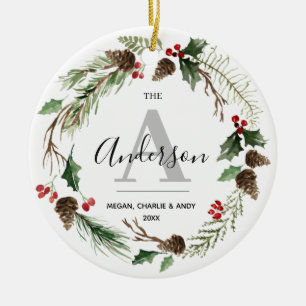 Décoration En Céramique Nom de la couronne de Noël personnalisée Famille i