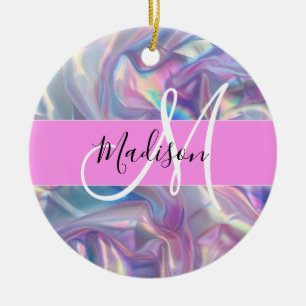 Décoration En Céramique Nom de monogramme holographique iridescent rose fé