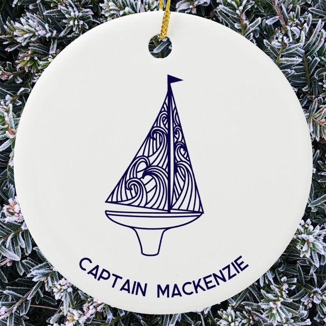 Décoration En Céramique Nom du capitaine de yacht à voile (Personalized Captain Name sailing boat yacht ornament for the sailor who has everything)