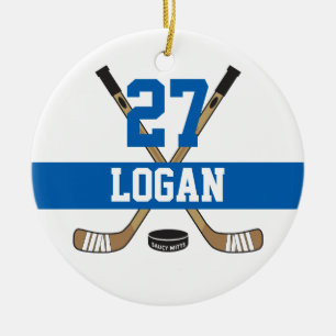 Décoration En Céramique Nom du joueur de hockey personnalisé Numéro bleu