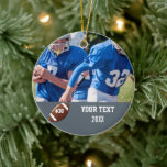 Décoration En Céramique Nom et numéro de la photo de football personnalisé<br><div class="desc">Ajoutez la photo,  le nom et le numéro de votre joueur à cette conception de football personnalisée. Fait un grand cadeau de fin de saison pour célébrer tout son travail et son dévouement. Ce ornement est recto verso et prend 2 photos.</div>